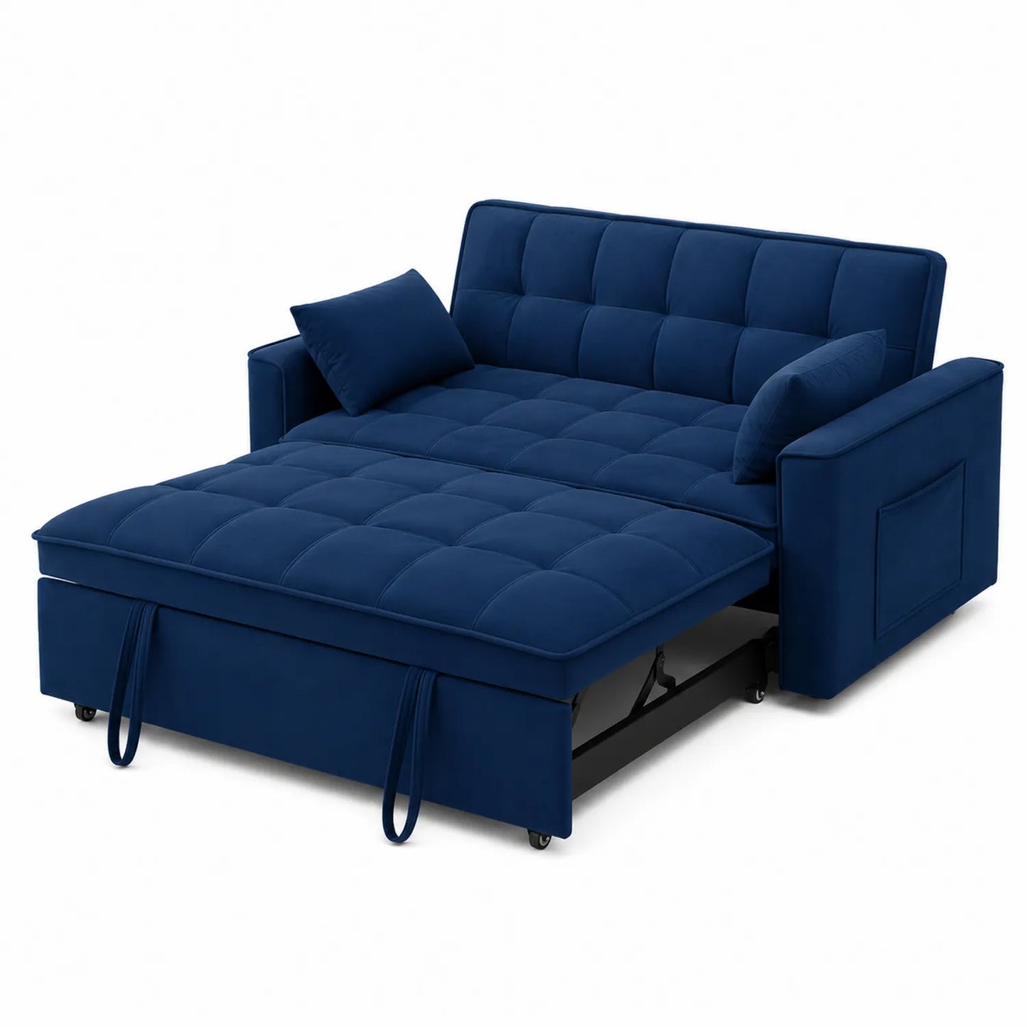 Sofá cama de tela azul marino con cojines