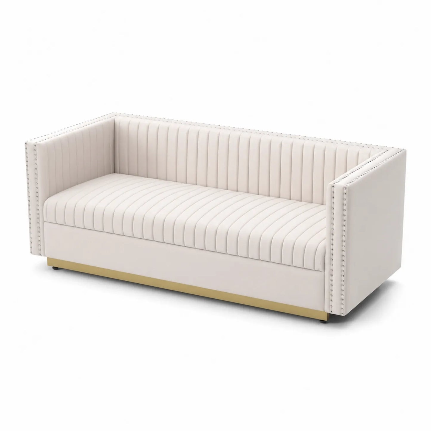 Sofá de 3 plazas tapizado en tela beige con estructura metálica, 210 cm
