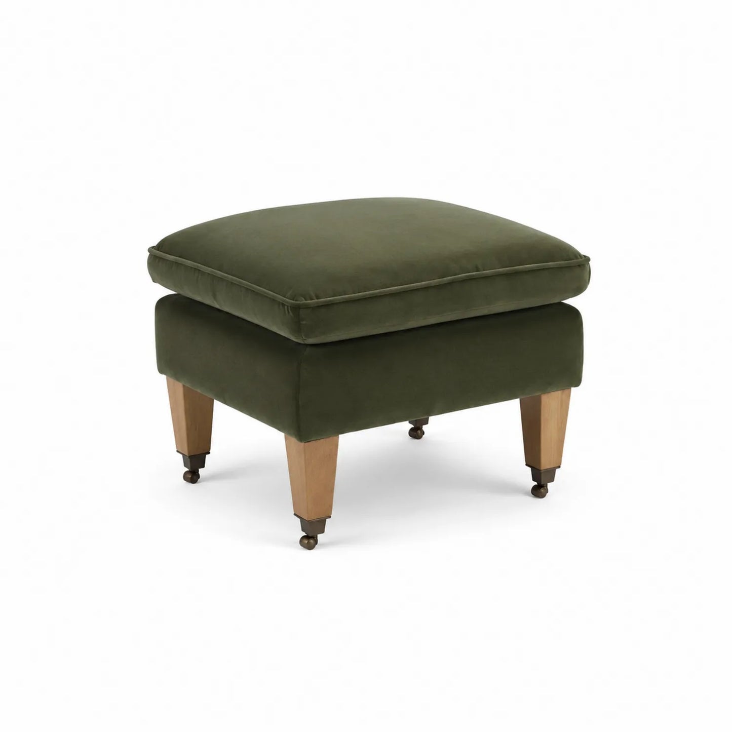 Puf de terciopelo verde con patas de roble
