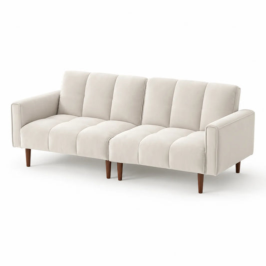 Sofá de 3 plazas de tela beige y madera