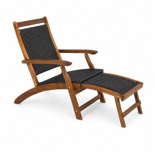 Silla Reclinable de Madera de Acacia y Ratán Negro