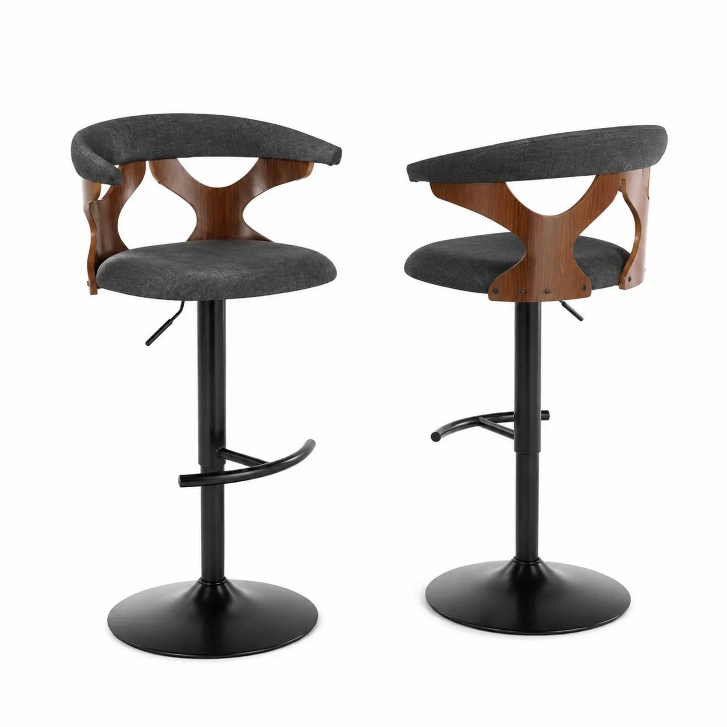 Taburete ajustable de tela gris con respaldo de madera y base metálica