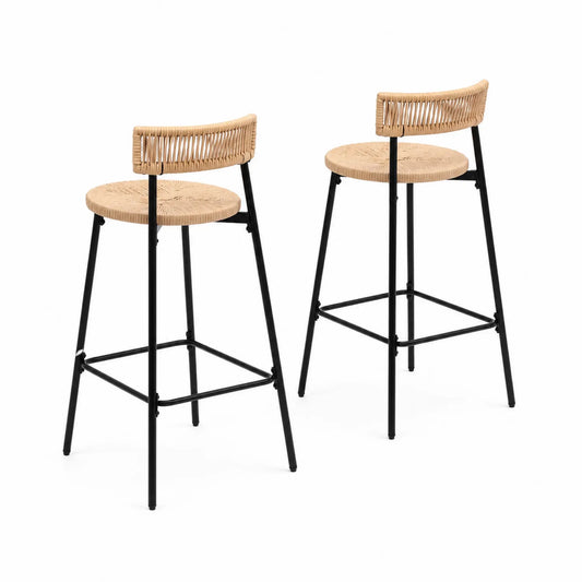 Set de 2 taburetes de ratán y metal con respaldo curvado