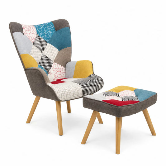 Sillón y Reposapiés Patchwork Multicolor, Algodón y Madera de Haya