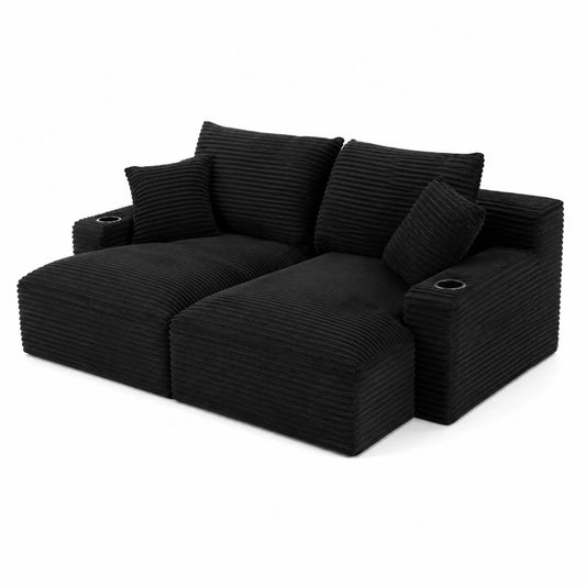 Sofá de Chenilla Negro con Reposabrazos y Portavasos