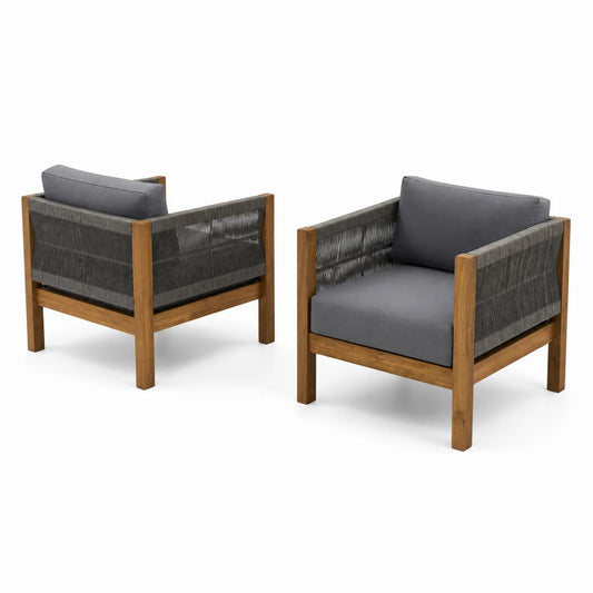 Set de 2 sillones de madera de acacia y cuerda sintética con cojines grises