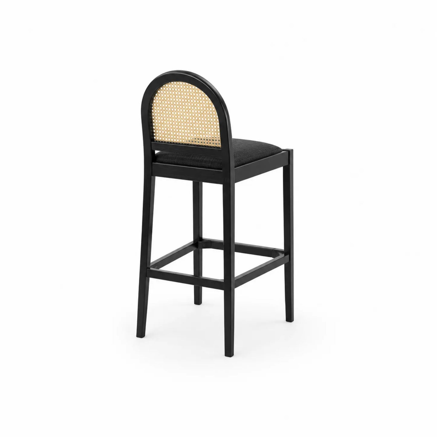 Taburete de madera negro con respaldo de ratán y asiento de tela
