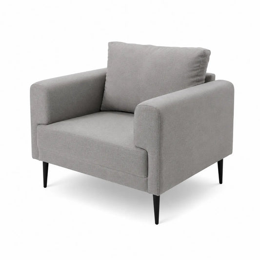 Sillón individual de tela gris claro con patas metálicas